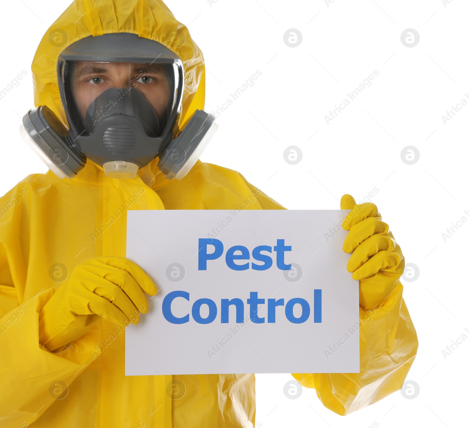 Photo of Man wearing protective suit holding sign PEST CONTROL on white background