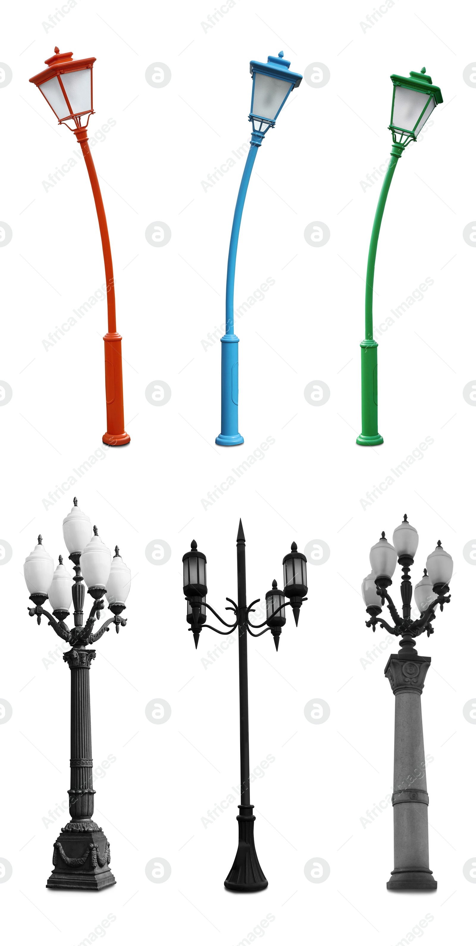 Image of Beautiful street lamps on white background, collage