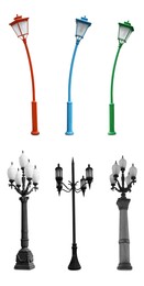 Image of Beautiful street lamps on white background, collage