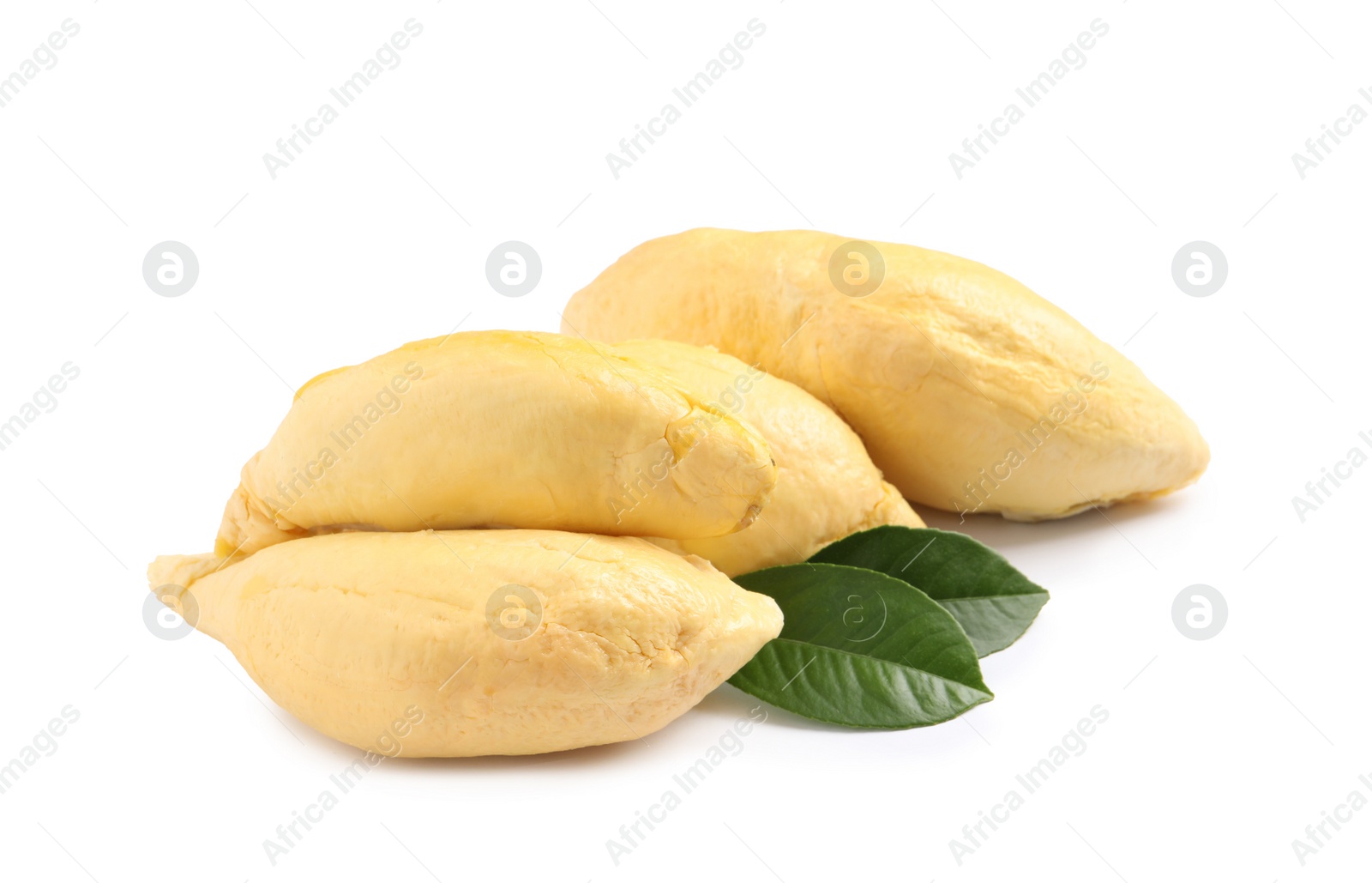 Photo of Pieces of fresh ripe durian and leaves on white background