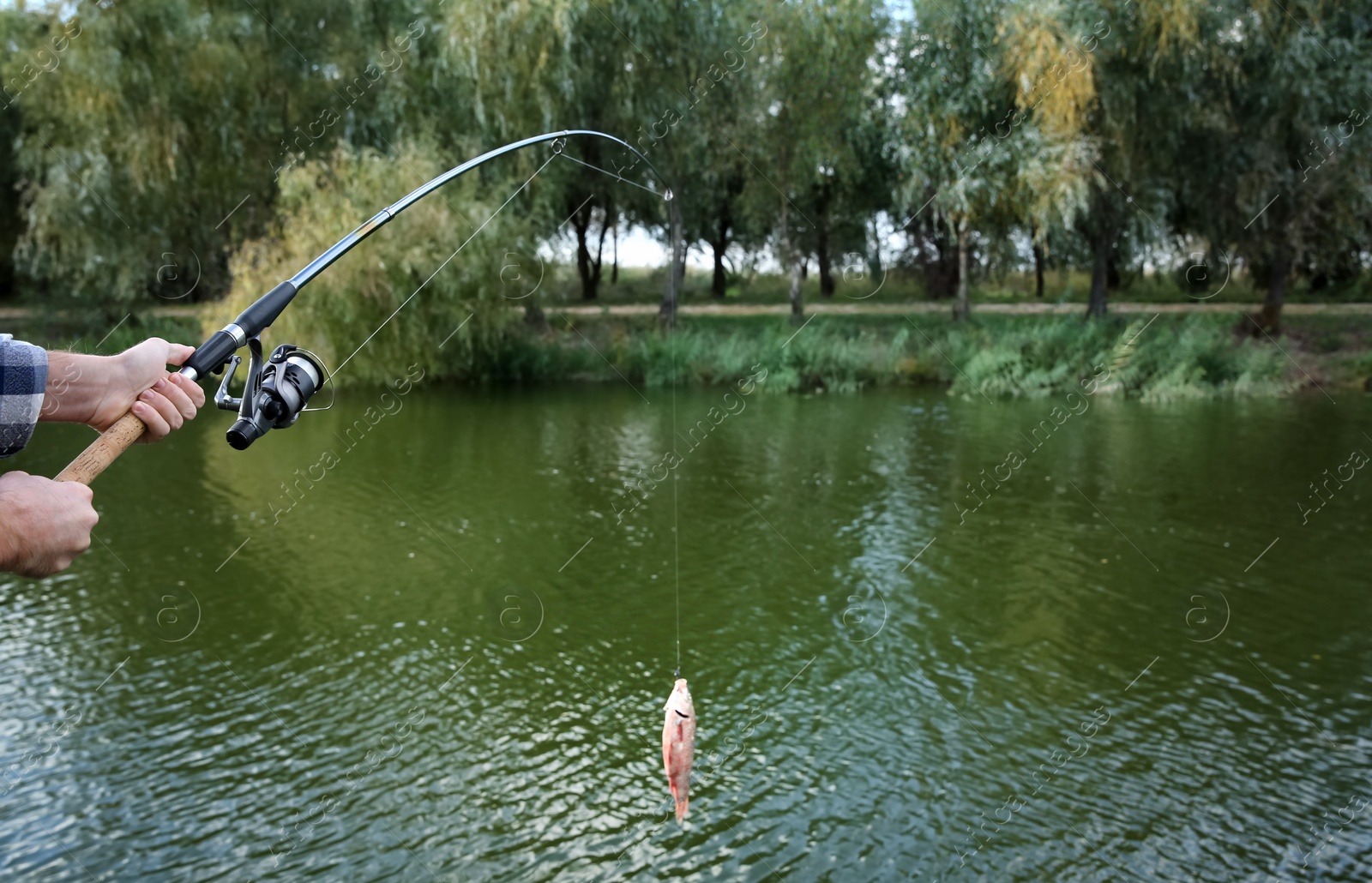 Photo of Man with rod fishing at riverside, closeup. Recreational activity