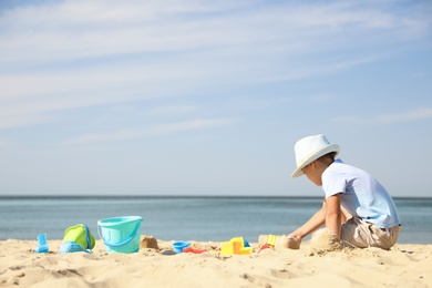 Cute little boy playing with plastic toys on sandy beach