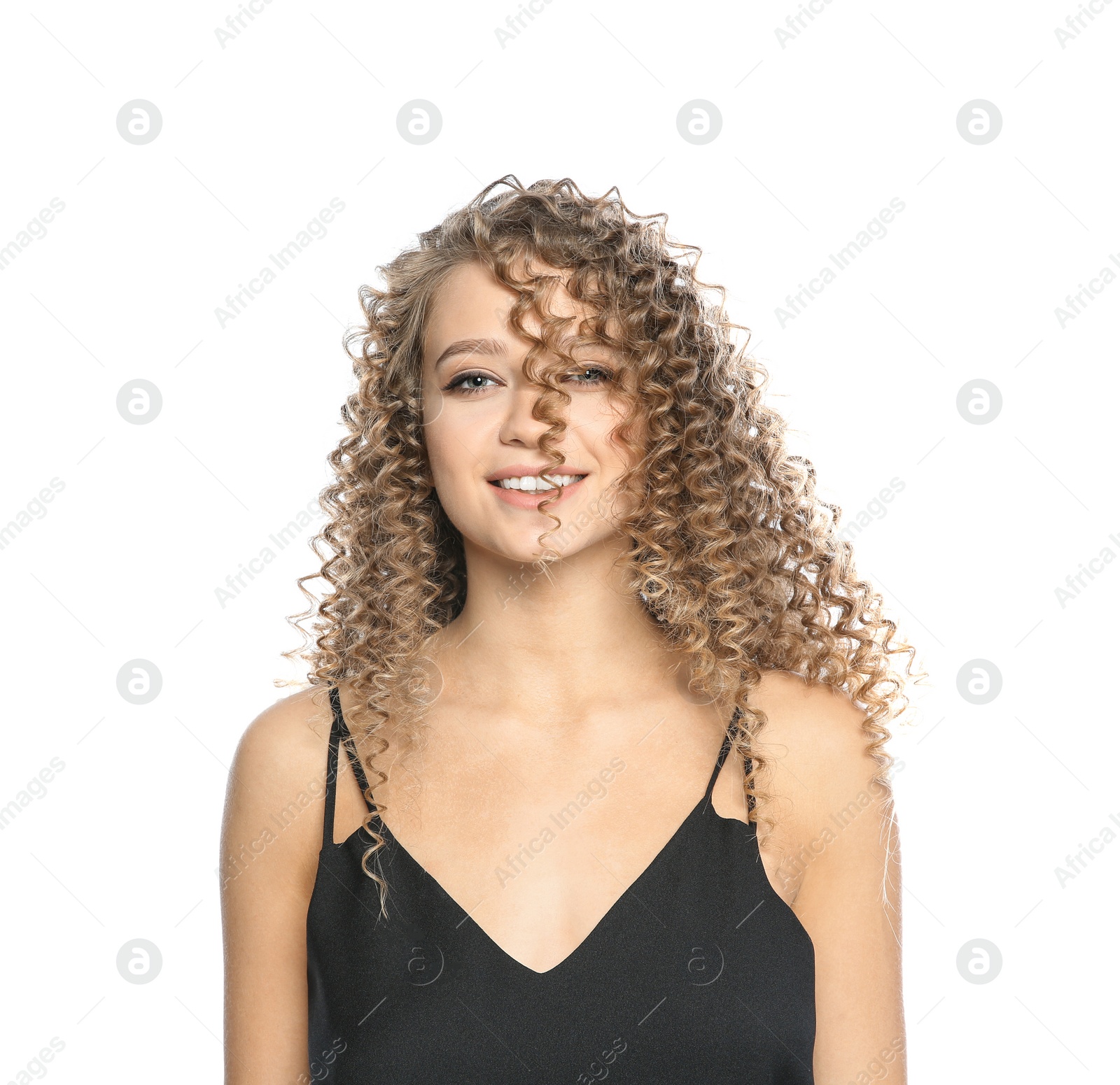 Photo of Portrait of beautiful young woman with shiny wavy hair on white background