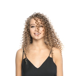 Portrait of beautiful young woman with shiny wavy hair on white background