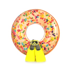 Photo of Bright inflatable ring and swim equipment on white background