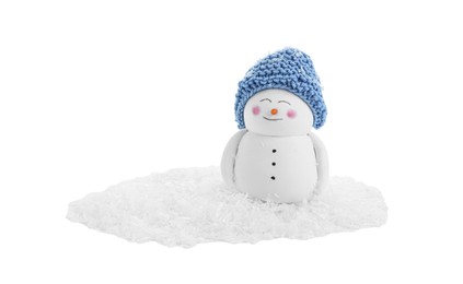 Photo of Cute decorative snowman and artificial snow isolated on white