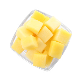 Tasty mango cubes in glass bowl isolated on white, top view