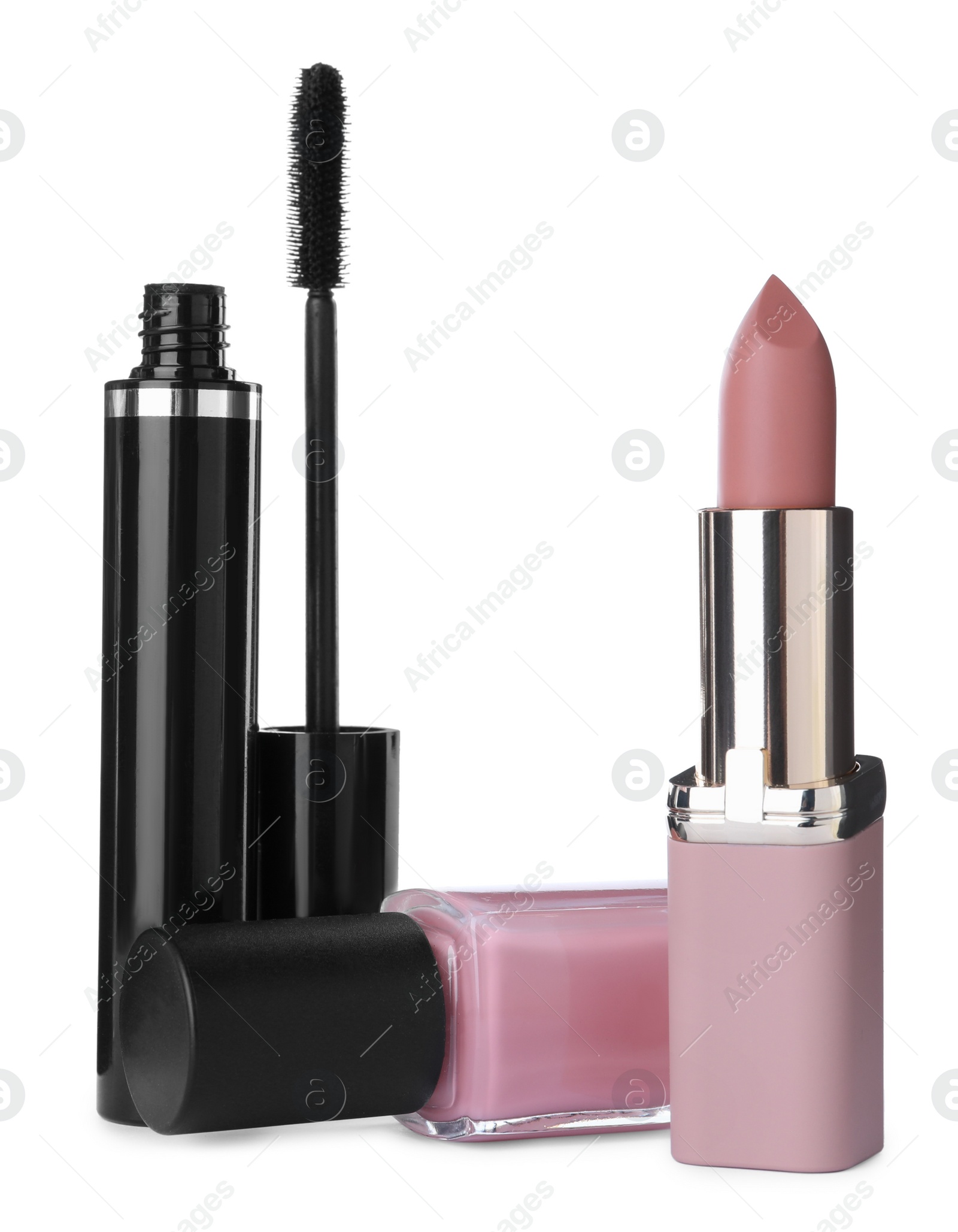 Photo of Different luxury cosmetic products on white background