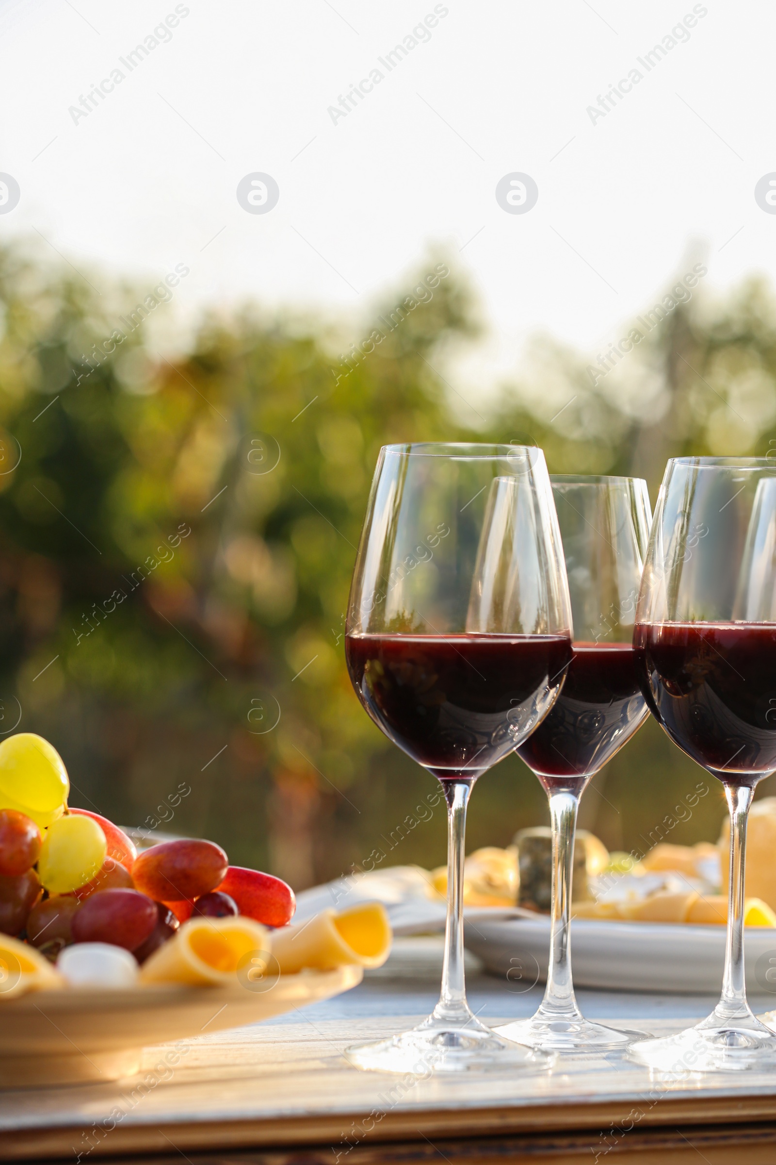 Photo of Red wine and snacks served for picnic on white wooden table outdoors