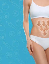 Healthy digestion. Woman with down arrows on her belly against light blue background, closeup. Illustrations of different products near her