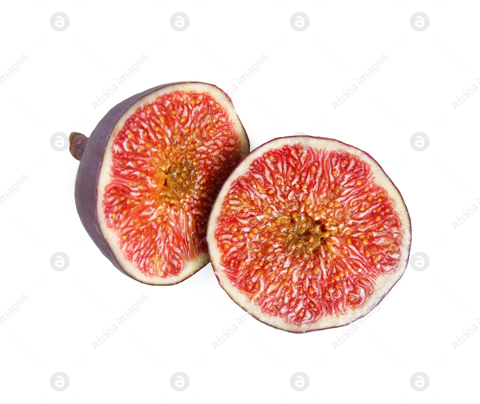 Photo of Pieces of ripe fresh fig isolated on white, top view