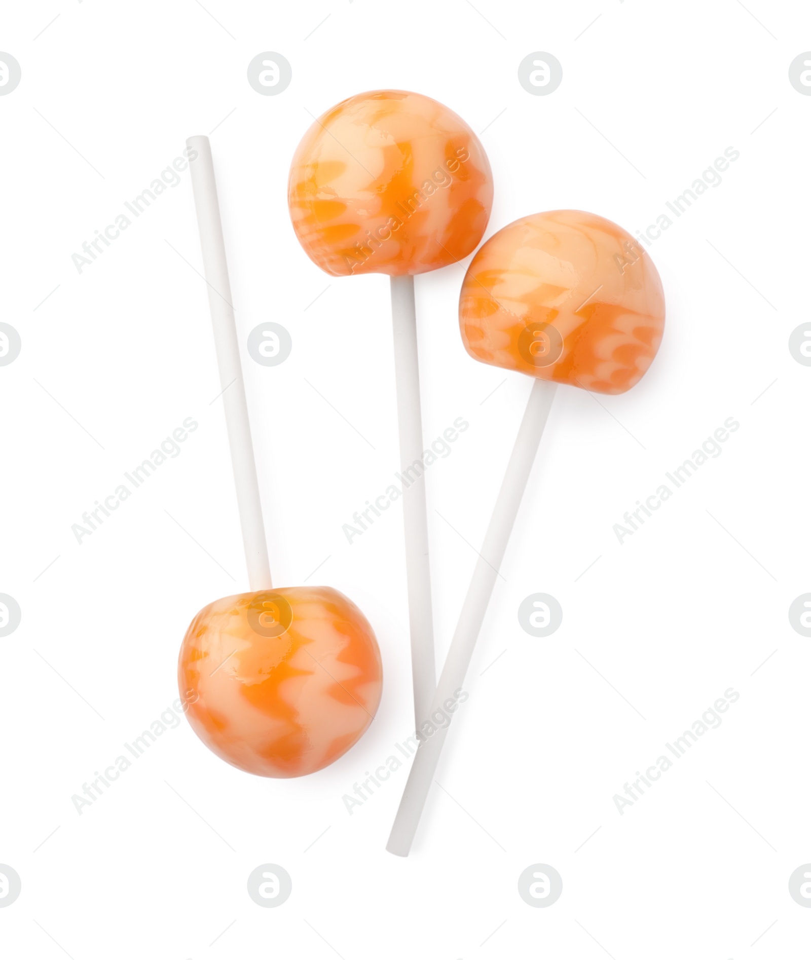 Photo of Many sweet colorful lollipops isolated on white, top view