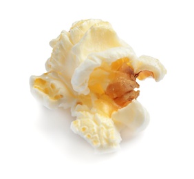 Photo of Delicious salty popcorn on white background