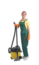 Photo of Female janitor with carpet cleaner on white background