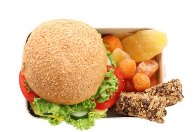 Photo of Lunch box with appetizing food on white background, top view