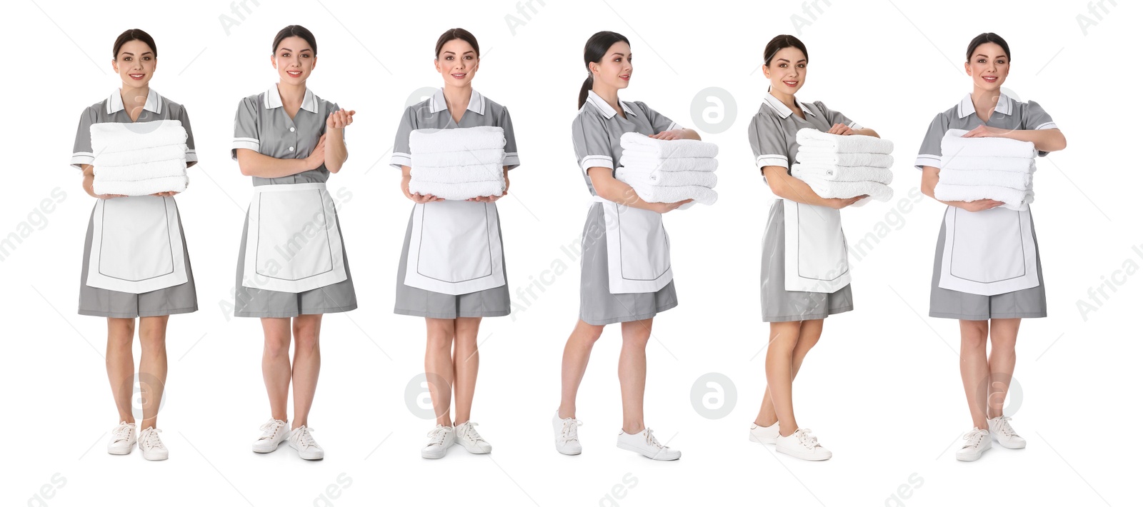 Image of Collage with photos of chambermaid in uniform on white background. Banner design