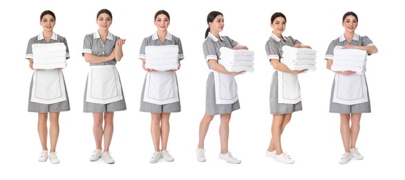 Image of Collage with photos of chambermaid in uniform on white background. Banner design