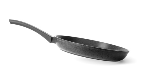 Photo of Empty modern frying pan isolated on white
