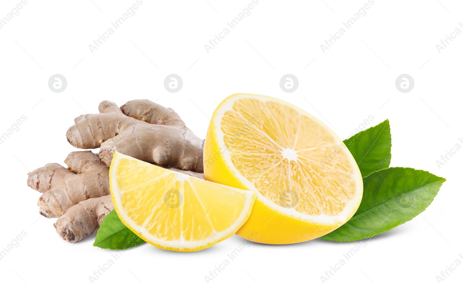 Image of Fresh ginger root and lemon on white background