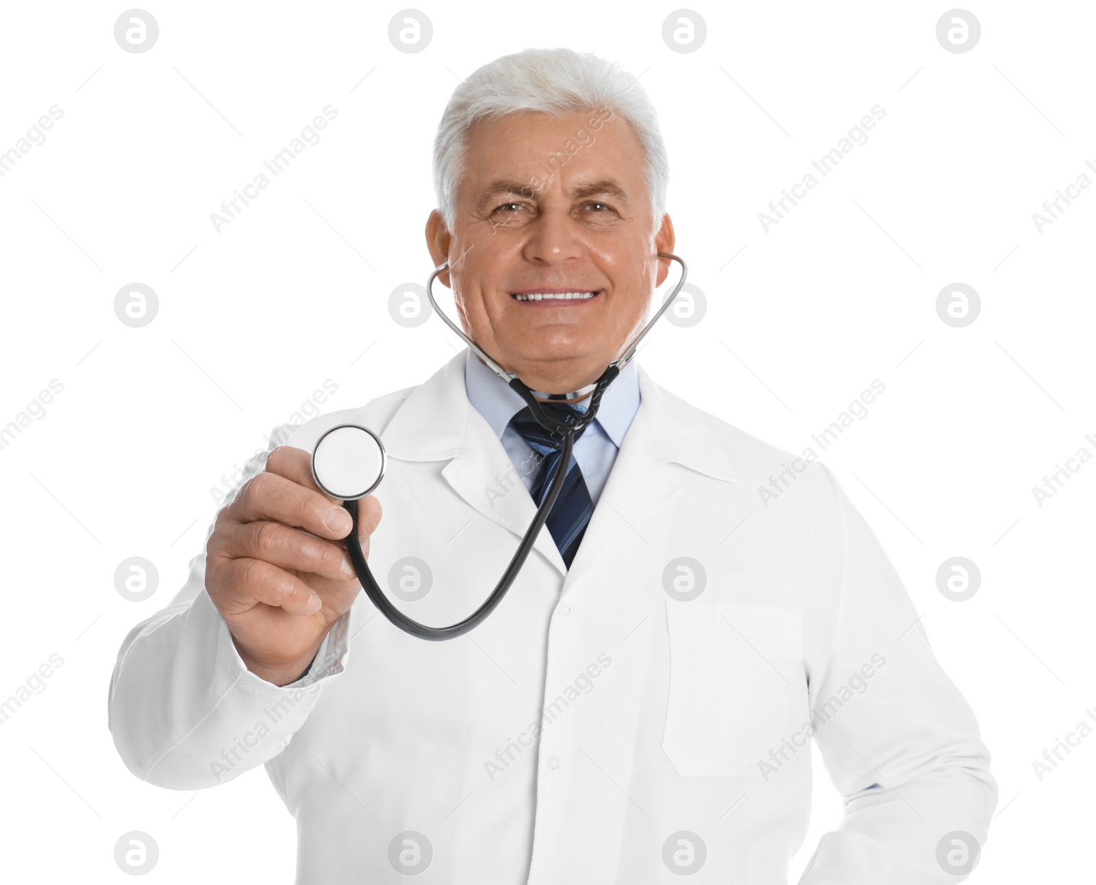 Photo of Senior doctor with stethoscope on white background