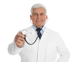 Photo of Senior doctor with stethoscope on white background