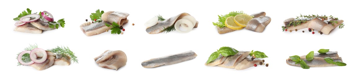 Set with delicious salted herring fillets on white background. Banner design