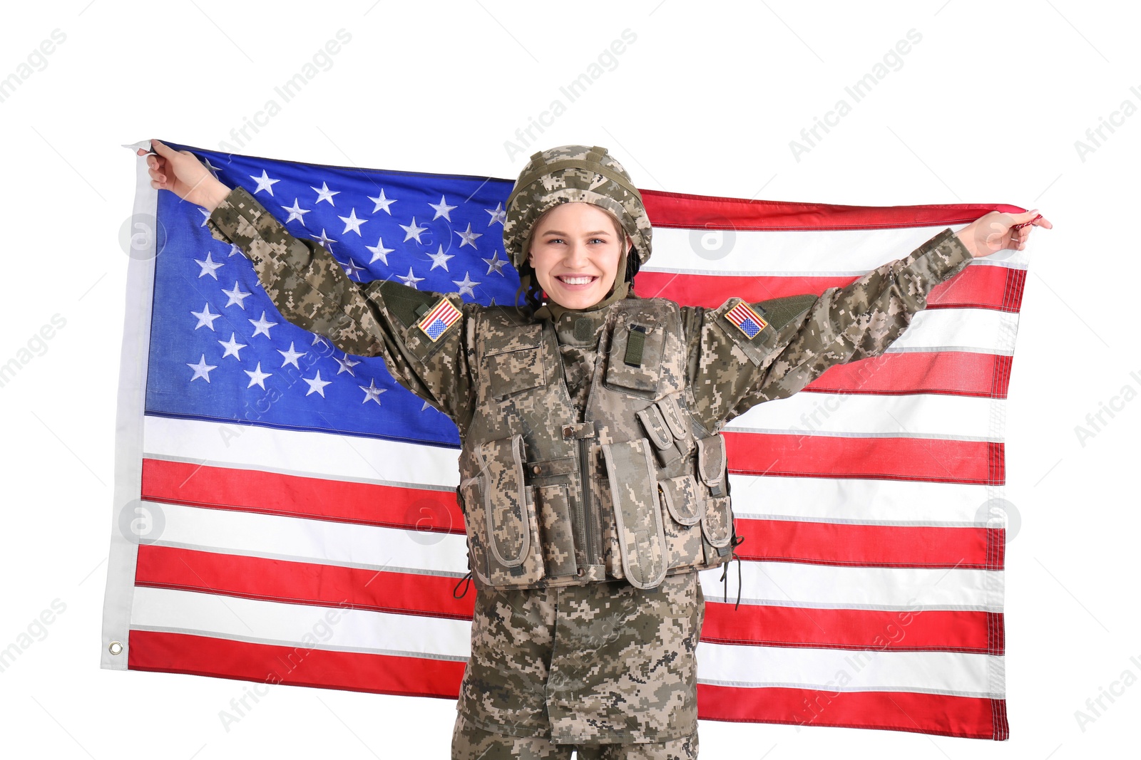 Photo of Female soldier with American flag on white background. Military service