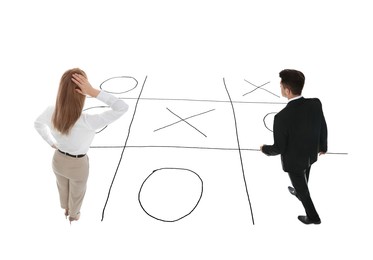 People and illustration of tic-tac-toe game on white background, back view. Business strategy concept 