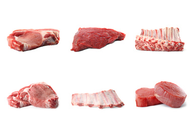 Set with raw meat on white background 