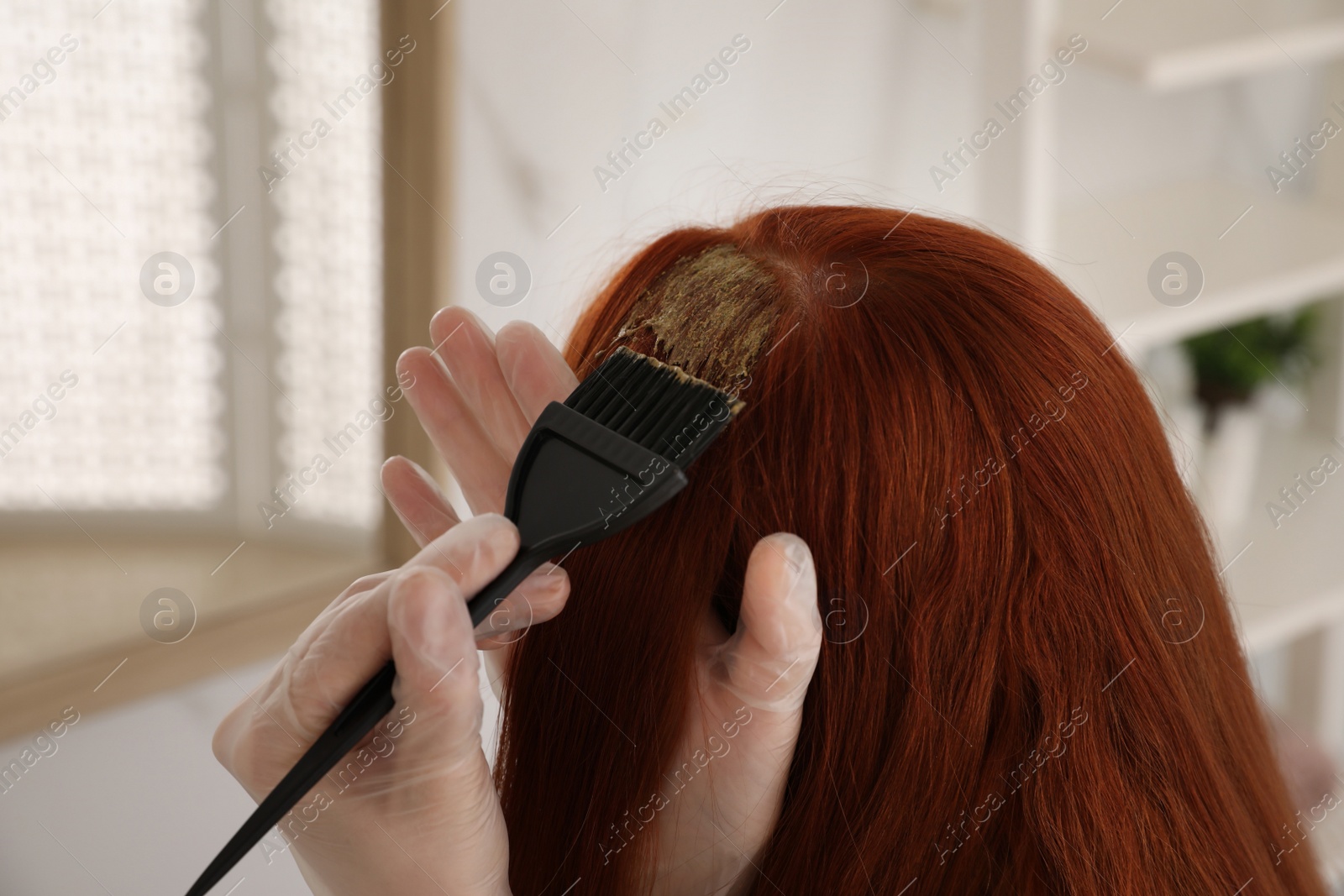 Photo of Young woman dyeing her hair with henna indoors, closeup