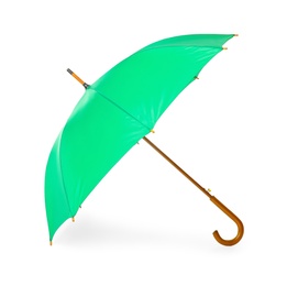 Photo of Modern opened green umbrella isolated on white