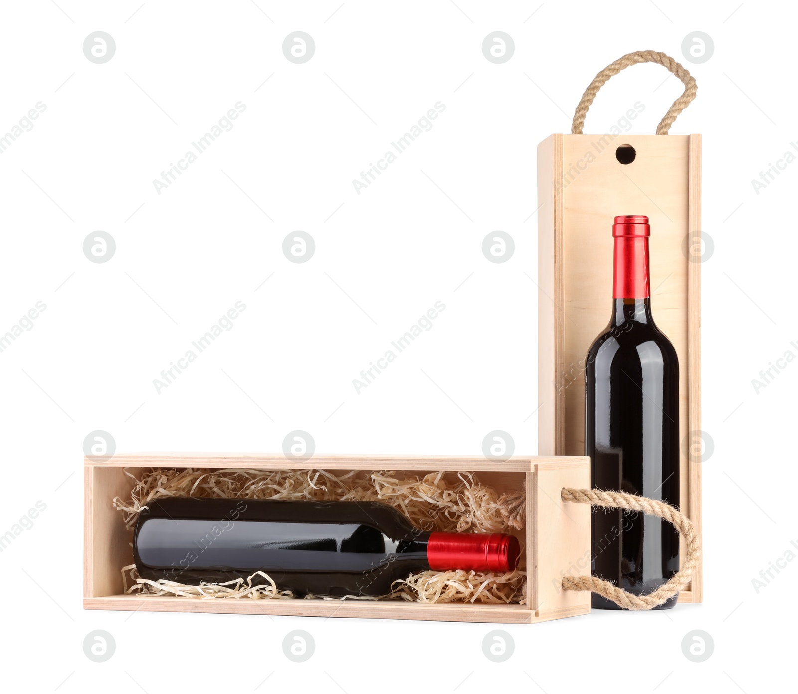 Photo of Wooden gift boxes with wine isolated on white