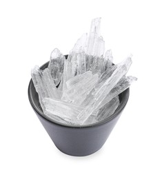 Menthol crystals in bowl on white background