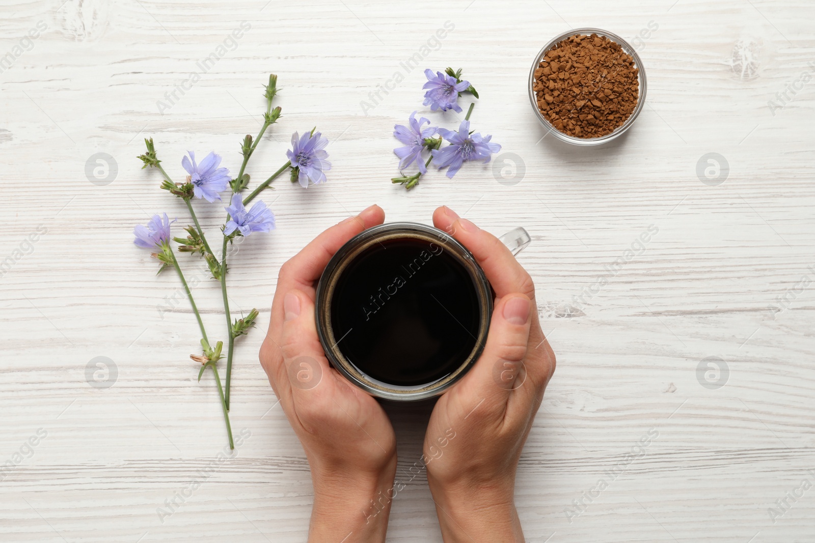 Photo of Woman holding cup of delicious chicory drink at white wooden table, top view