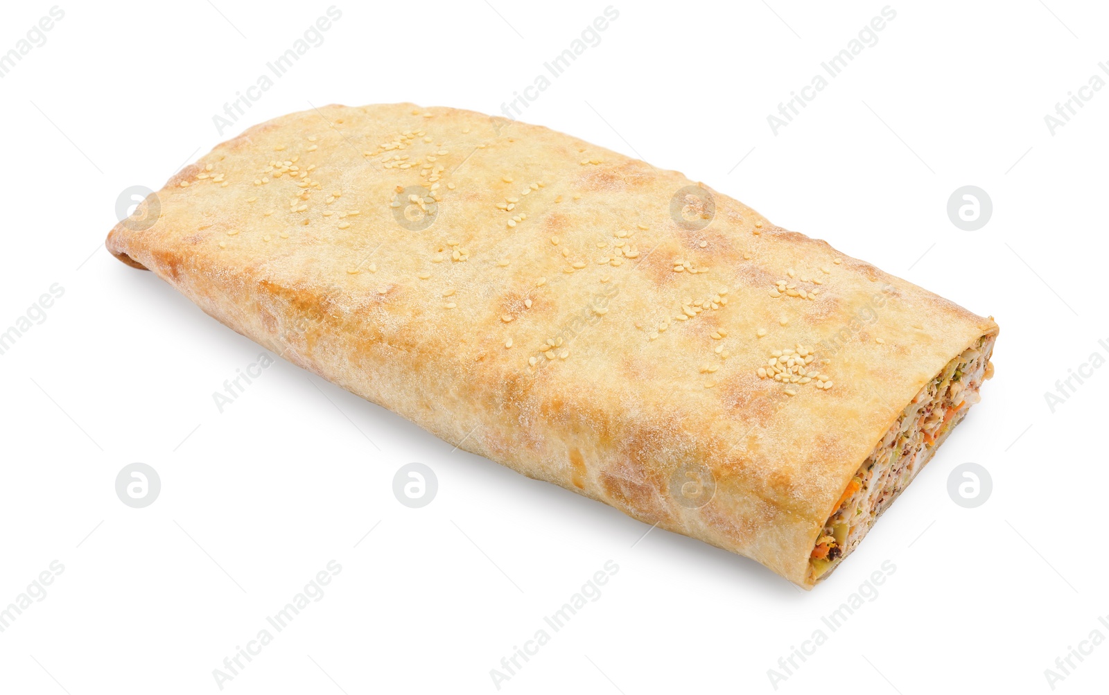 Photo of Delicious strudel with chicken and vegetables isolated on white