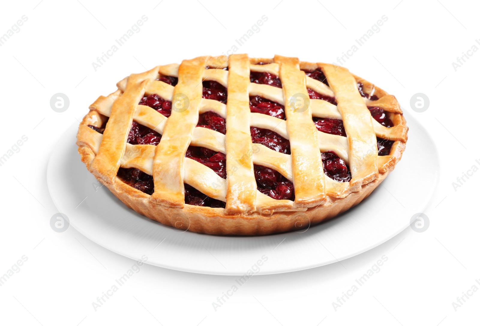 Photo of Delicious fresh cherry pie isolated on white