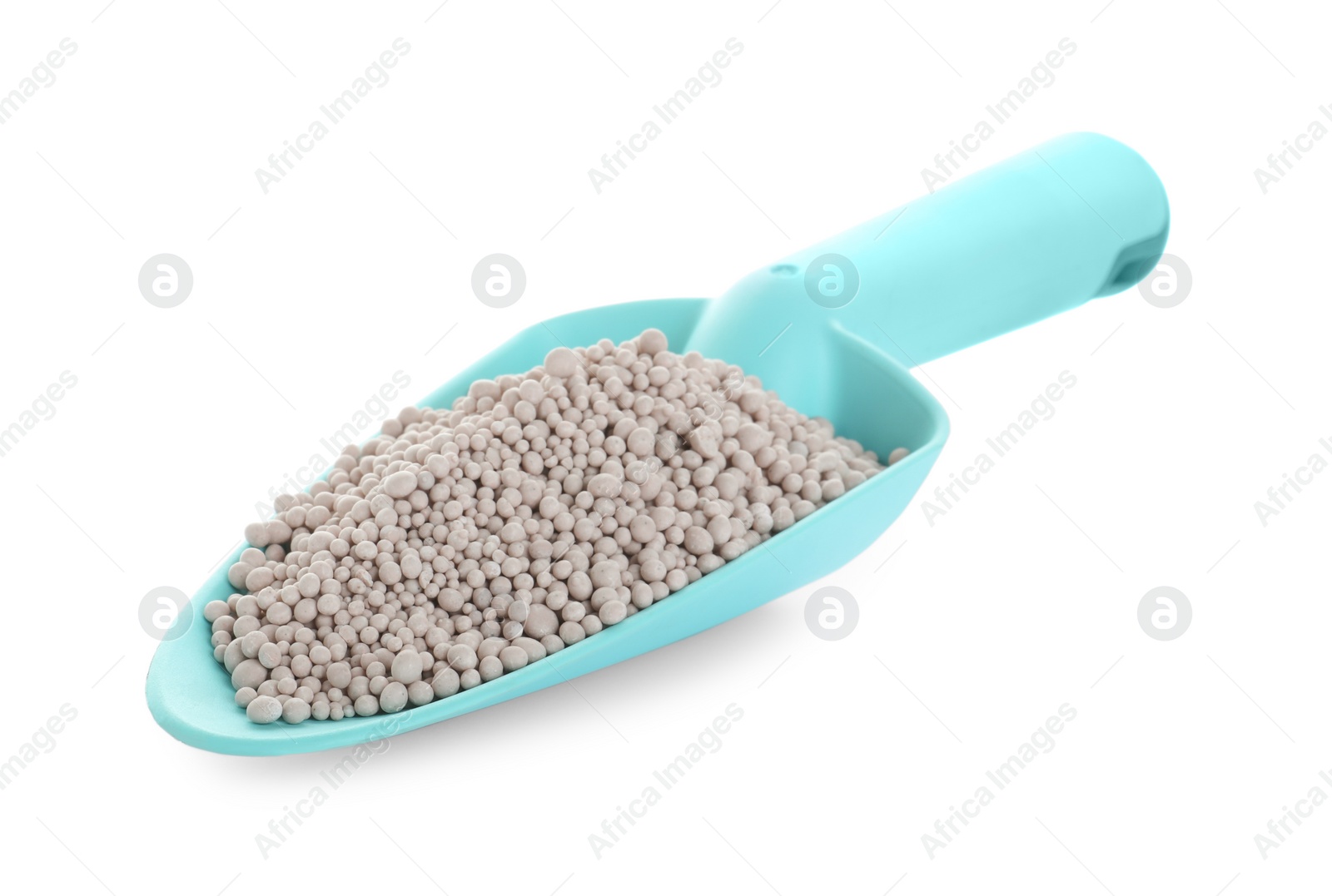 Photo of Scoop with chemical fertilizer isolated on white. Gardening time