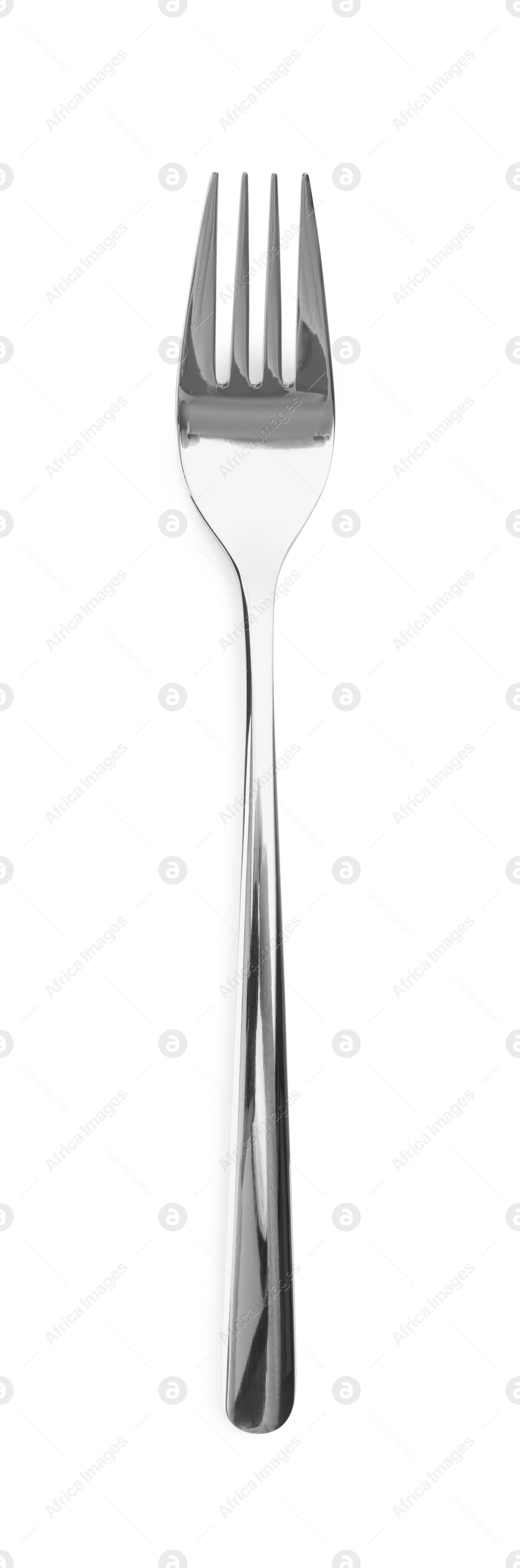 Photo of One shiny silver fork isolated on white, top view