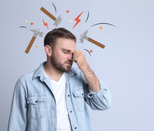 Image of Young man having headache on light background. Illustration of hammers and lightnings representing severe pain