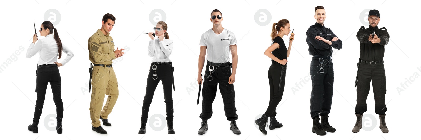 Image of Collage of different professional security guards on white background. Banner design