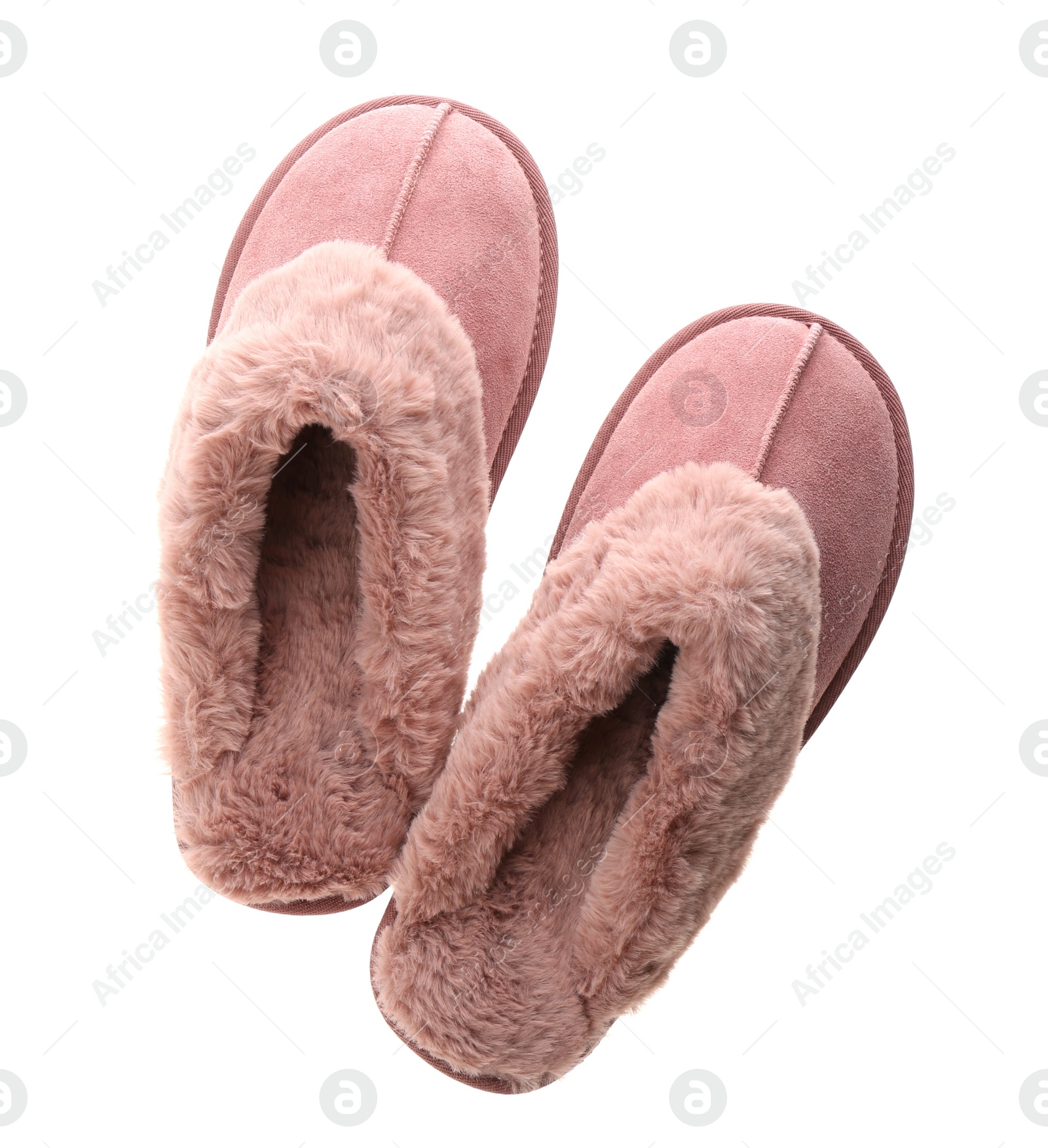 Photo of Stylish soft slippers on white background, top view