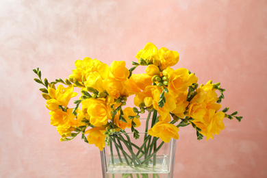 Beautiful blooming yellow freesias in glass vase against pink background