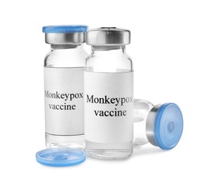 Monkeypox vaccine in vials on white background