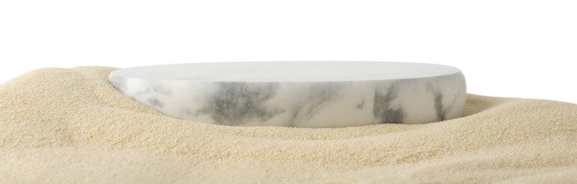 Photo of Presentation of product. Stone podium on sand against white background