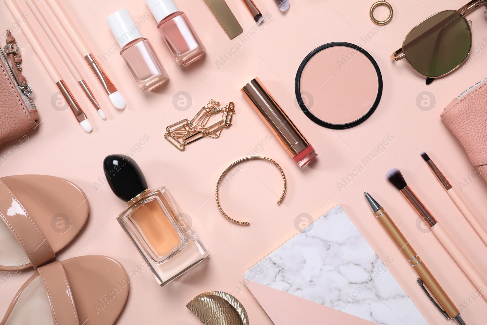 Photo of Cosmetic products and accessories on beige background, flat lay