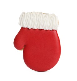 Tasty gingerbread cookie in shape of mitten on white background. St. Nicholas Day celebration