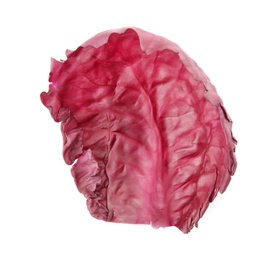 Photo of Leaf of ripe red cabbage on white background, top view