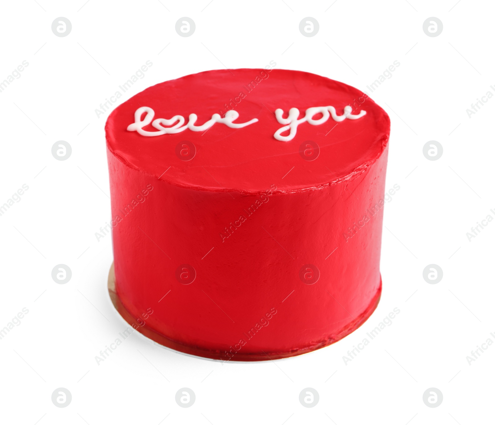 Photo of Bento cake with text Love You isolated on white. St. Valentine's day surprise