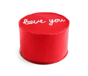 Photo of Bento cake with text Love You isolated on white. St. Valentine's day surprise