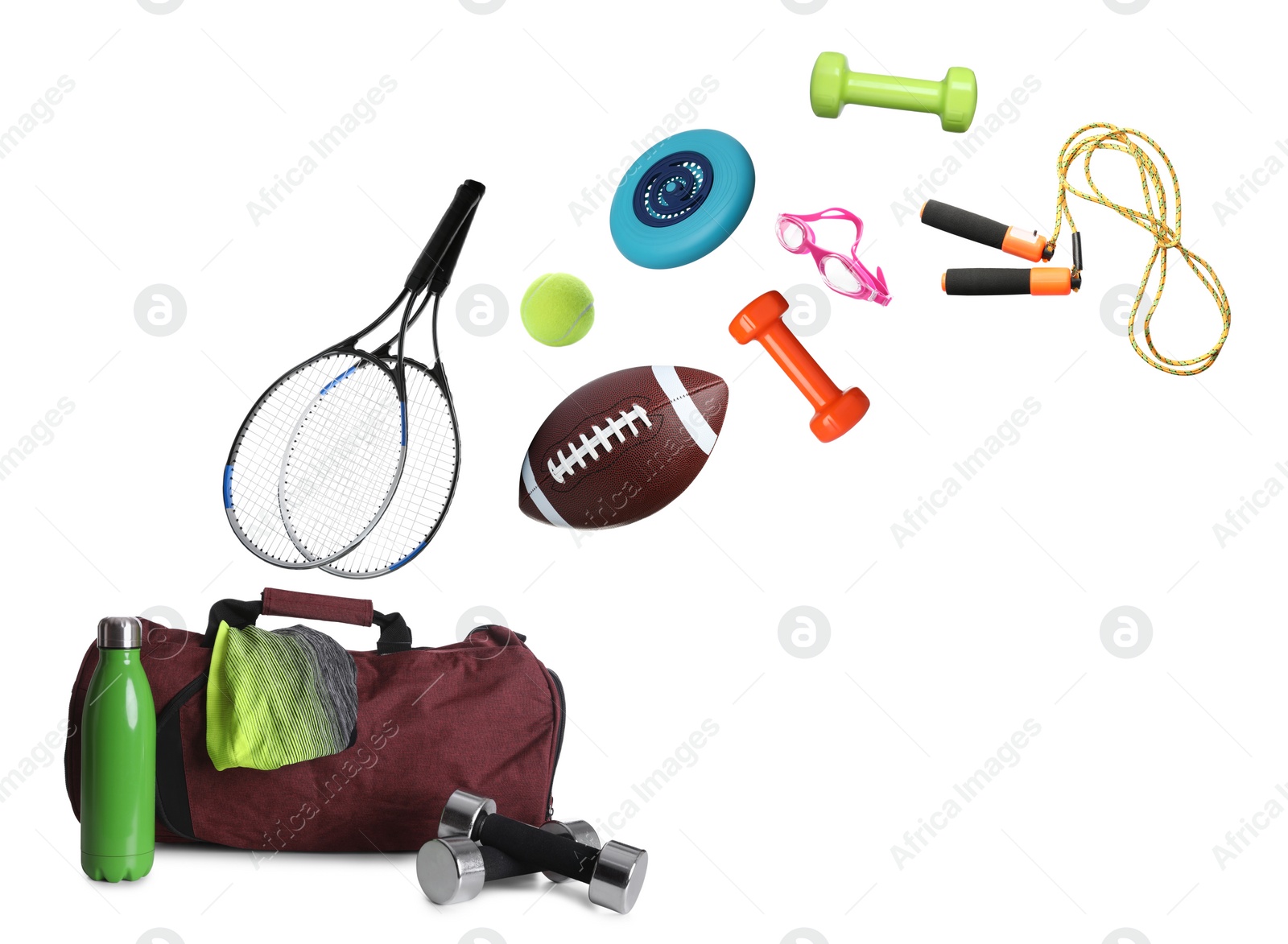 Image of Sports bag and different gym stuff flying on white background